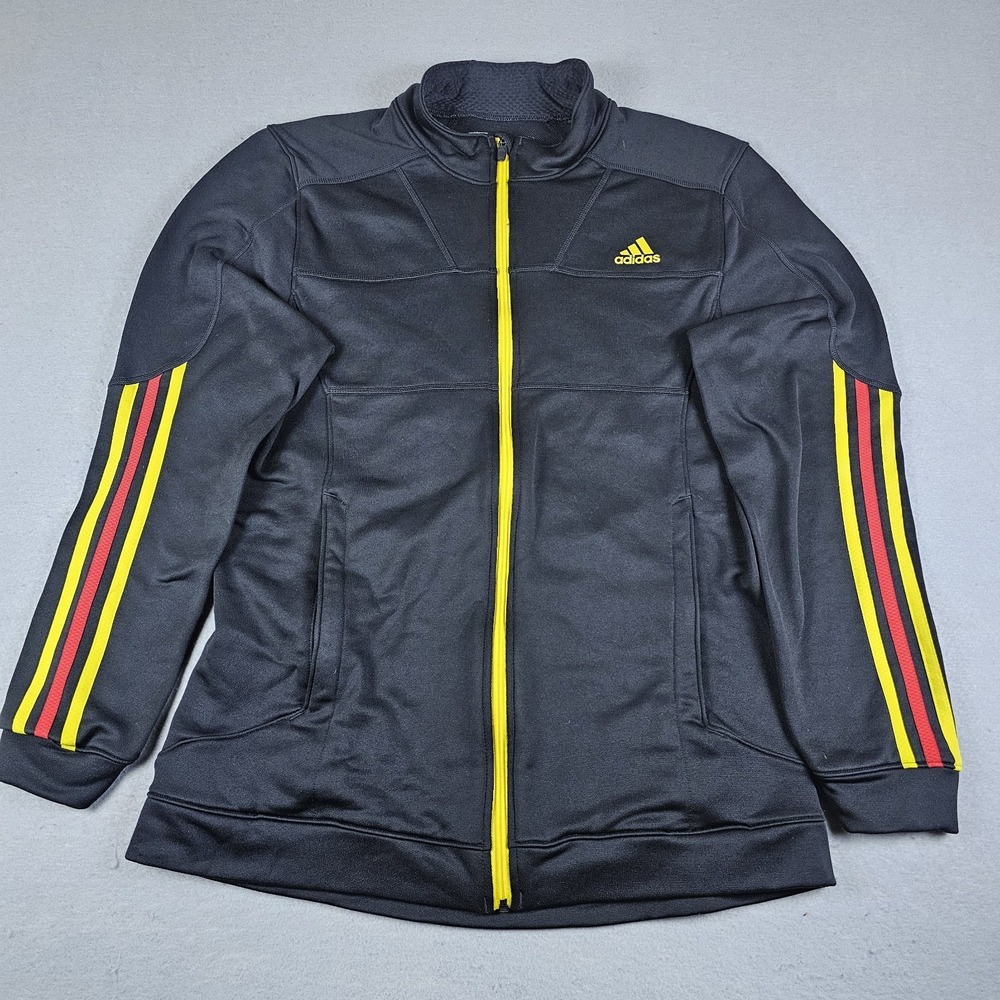 Adidas Track Jacket Mens Medium Black Yellow Red Striped Sleeves Marathon 10 Zip